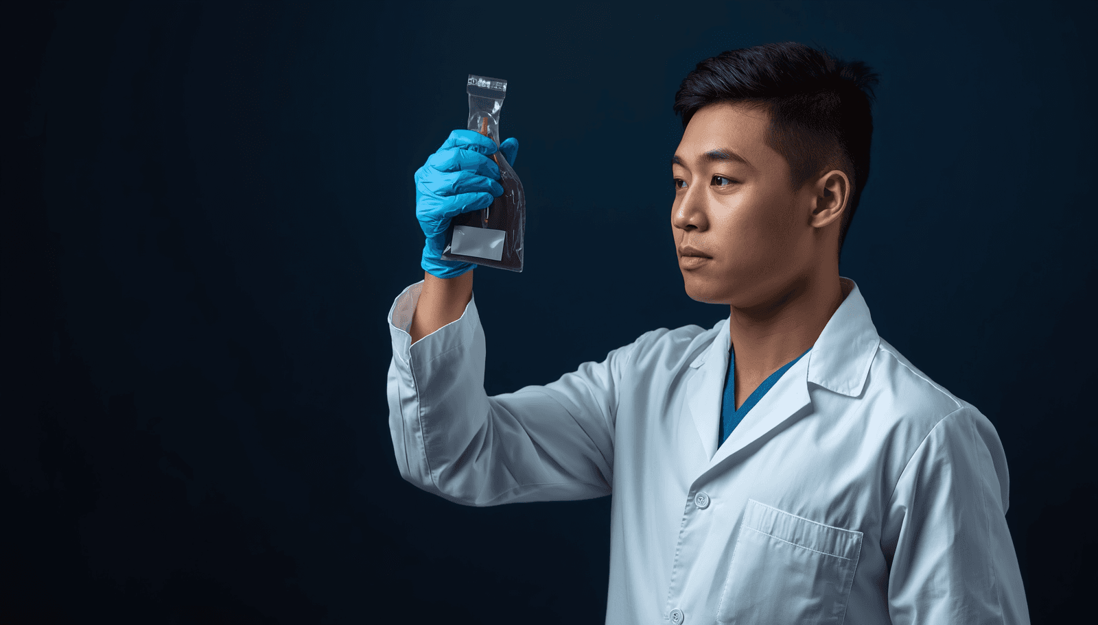 Filipino male medical technologist in white coat with blue gloves examining a blood bag for MTLE blood banking serology reviewer Philippines 2026