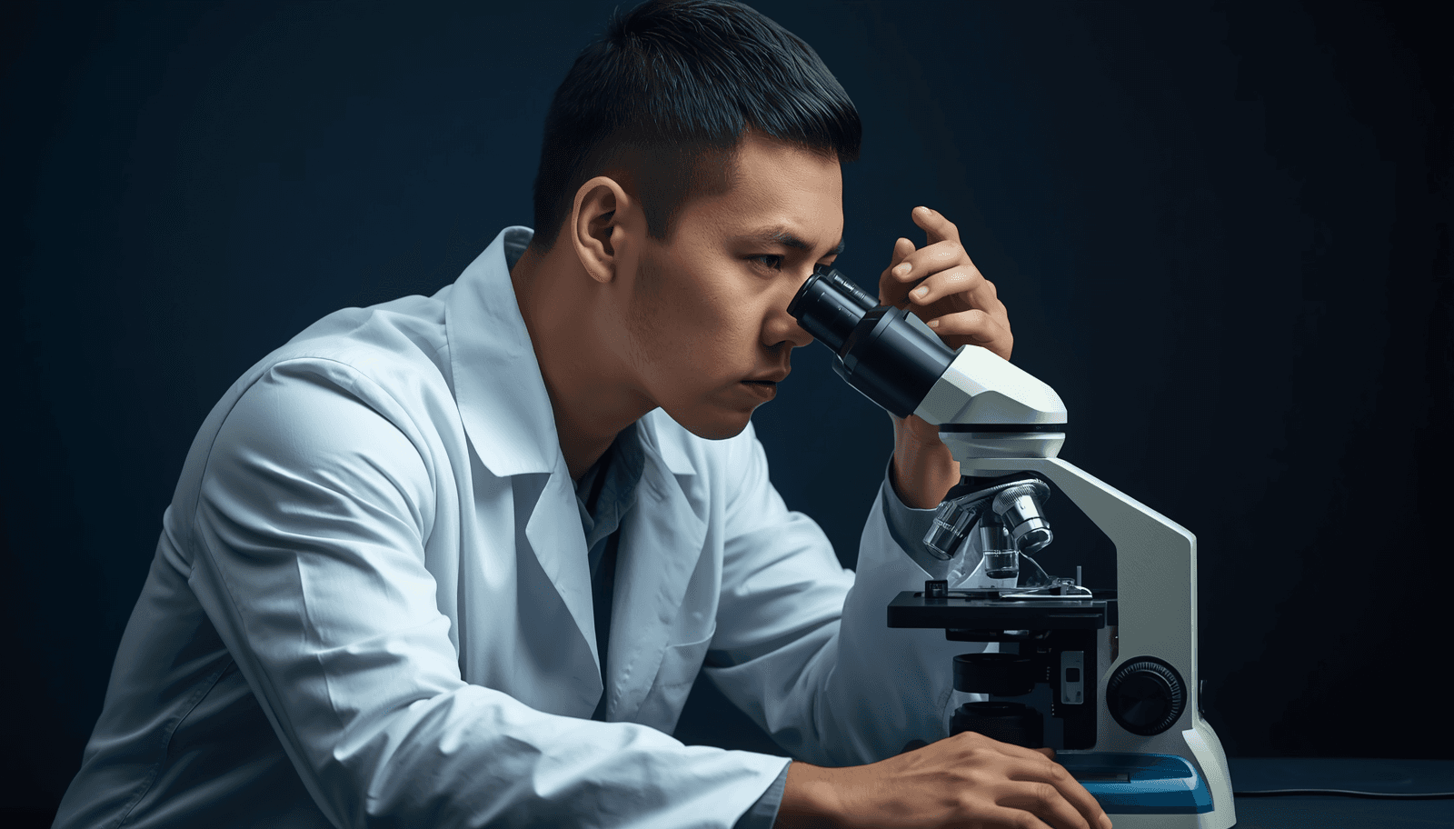 Filipino male medical technologist looking into microscope for MTLE histopathology cytology reviewer Philippines 2026