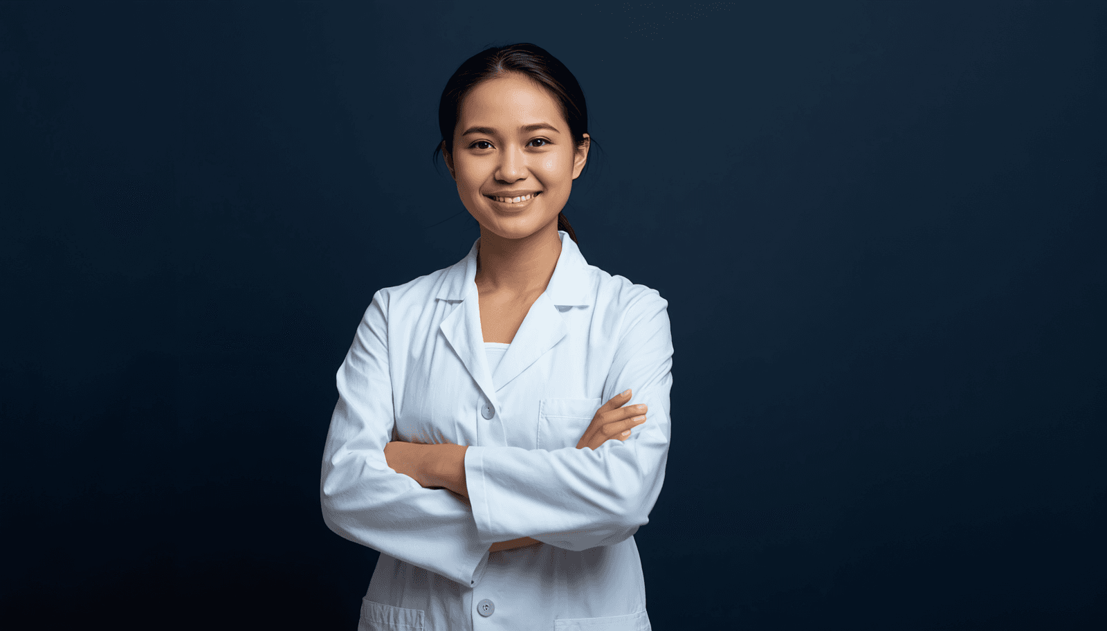Young Filipino female medical technologist in white coat with arms crossed smiling for MTLE board exam guide Philippines 2026