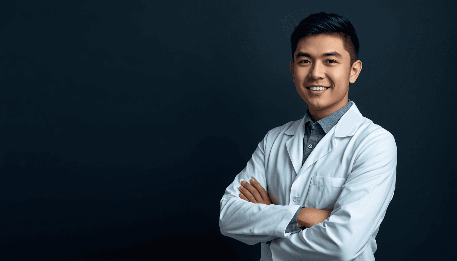 Young Filipino male pharmacist in white coat with arms crossed smiling for PLE clinical pharmacy reviewer Philippines 2026